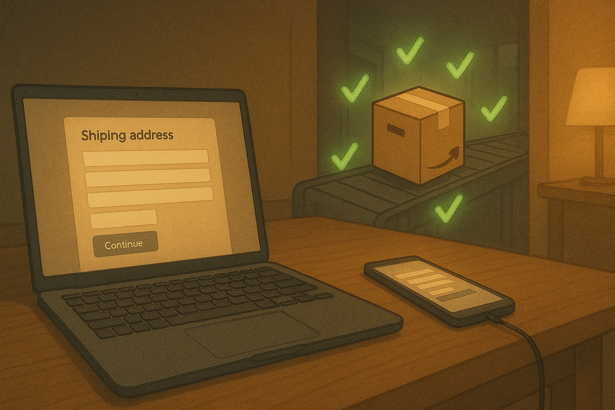 Warm desk scene with a laptop on a “shipping address” form and a synced smartphone, in the background a parcel glides along a conveyor surrounded by bright green checkmarks—peaceful relief after correcting the address before a precious Switch2 ships out