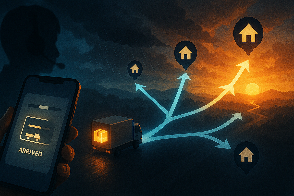 Stormy night highway—courier truck carrying a glowing parcel while blue arrows split toward multiple house icons, sunset breaking through the clouds, tracking app and support-agent silhouette in the foreground—emotional moment of rerouting a shipped Switch2 to the right home