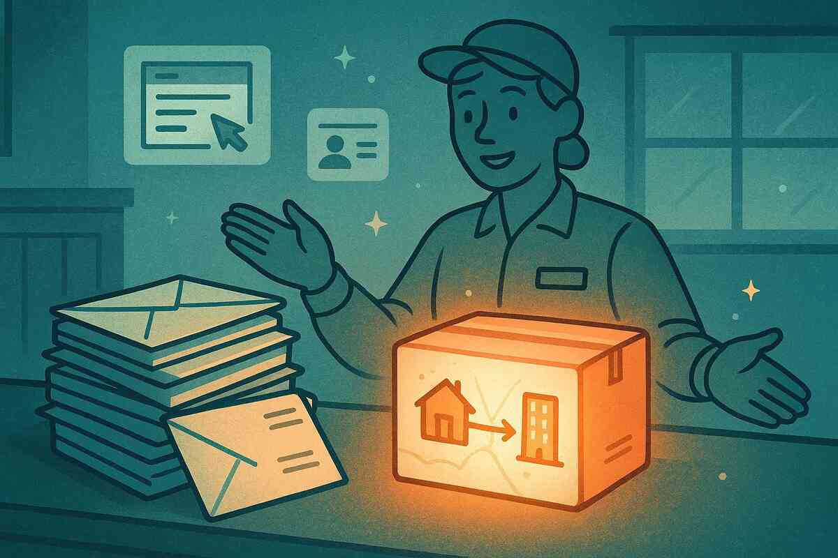 Friendly post office counter—smiling clerk presenting a softly glowing box marked with an arrow from house to apartment, stack of letters beside them and icons for online forms and ID fluttering around—comforting magic of official forwarding saving a misaddressed Switch2 delivery