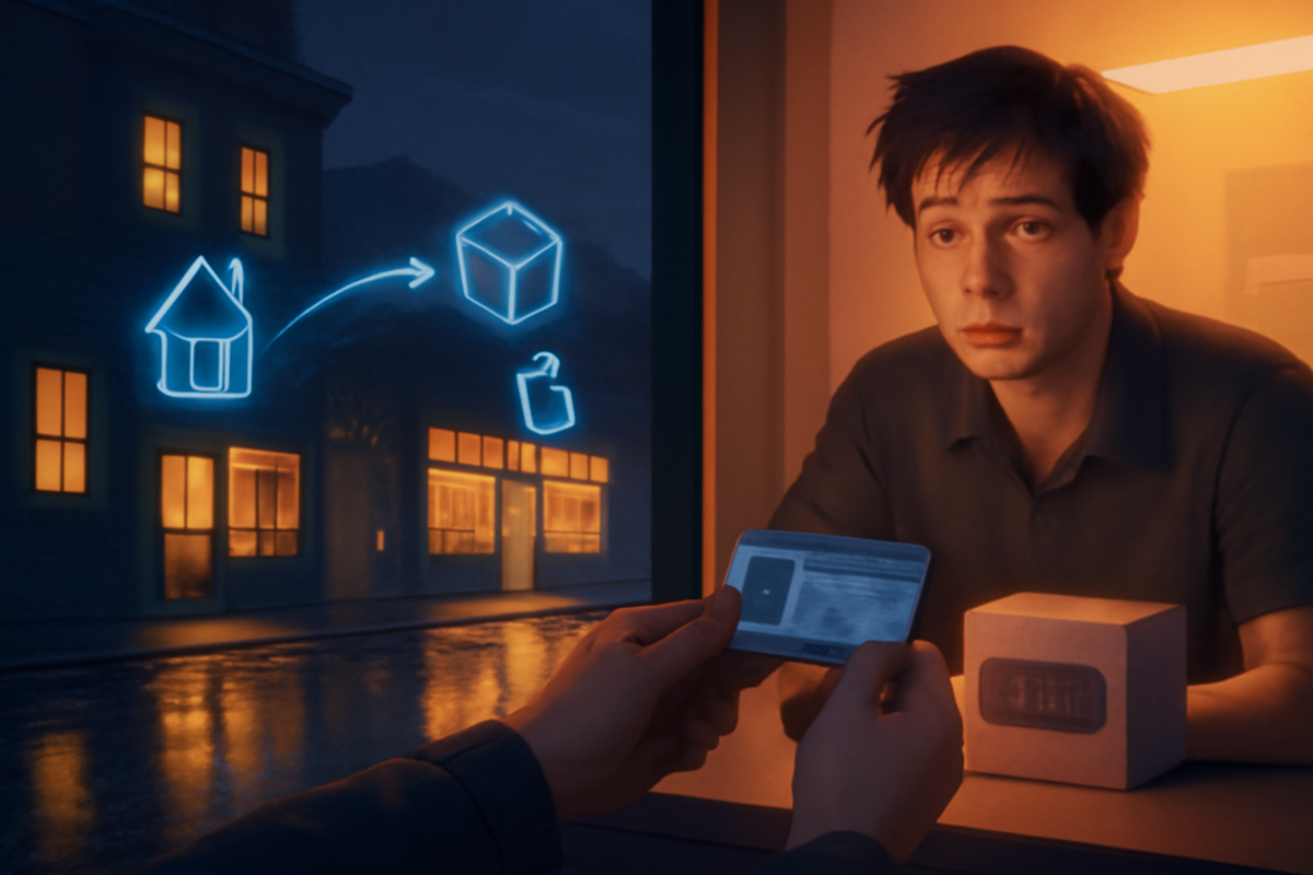 Rainy evening pickup window—a tired customer offers their ID while a small parcel waits on the counter, outside the glass neon-blue icons show a house, arrow, and package flowing into a shopping bag—secure post-office collection after a shipping-address error, anxious worry turning into quiet relief