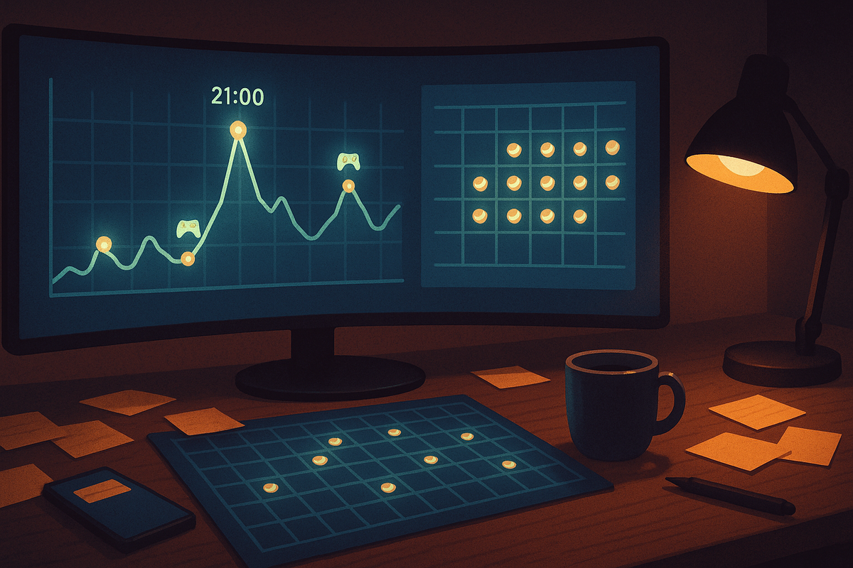 Nighttime command desk with a wide monitor full of restock graphs peaking at 21:00, tiny controller icons on the chart, calendar grid and sticky notes around a steaming mug—obsessive but satisfying data analysis to crack the Friday Switch2 drop pattern