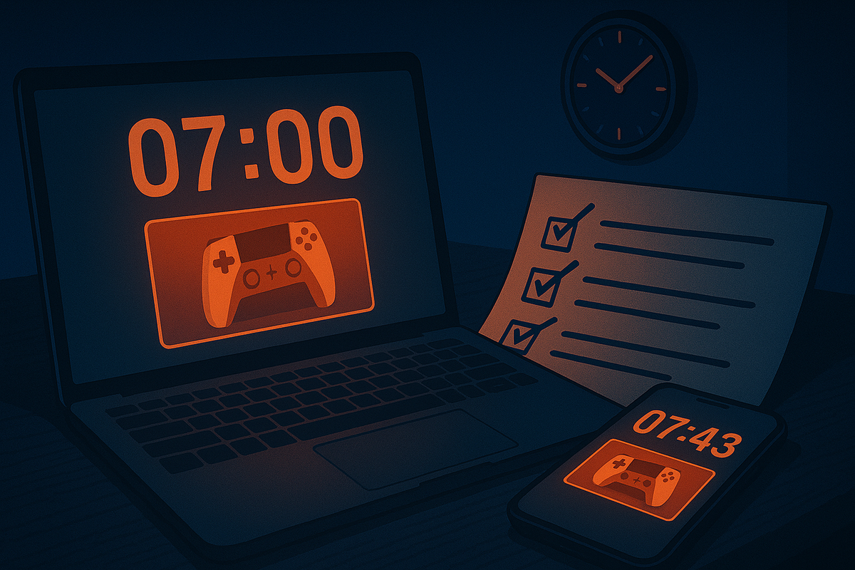 Dark room lit only by a laptop and smartphone flashing big alarm times and a gamepad icon beside a fully checked checklist—disciplined pre-battle calm before the chaotic Switch2 flash sale, everything prepared down to the last minute