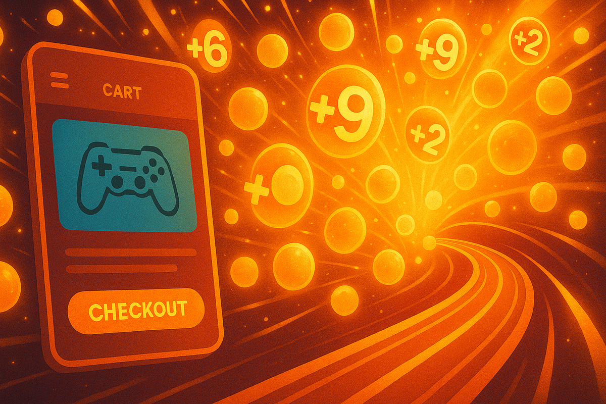 Mobile checkout screen with a gamepad in the cart exploding into a golden tunnel of +6, +9, +2 point bubbles—euphoric moment when stacking campaigns turns a pricey Switch2 into a crazy high-value, points-rush bargain