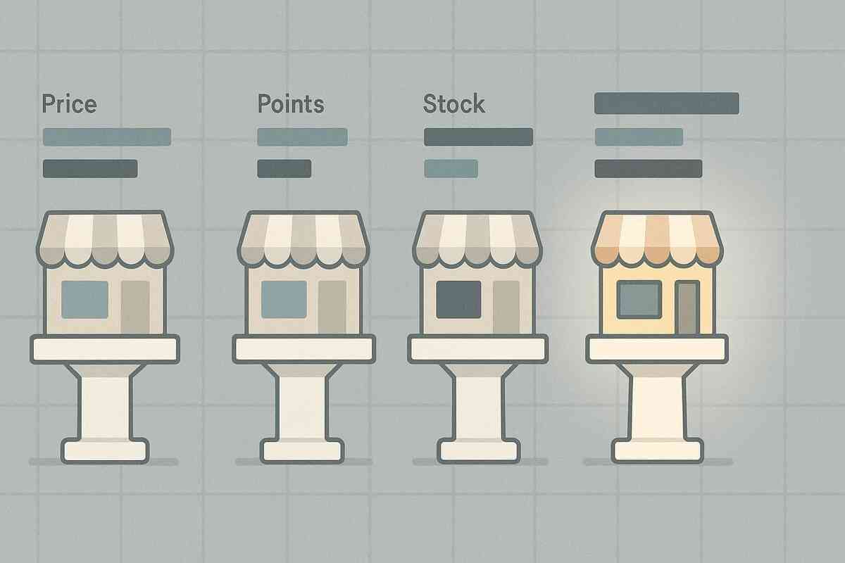 Minimalist comparison row of four tiny shop buildings on pedestals with bars for price, points, and stock, only one store softly glowing—clear, soothing visual of the single smartest place to buy Switch2 after weighing every option