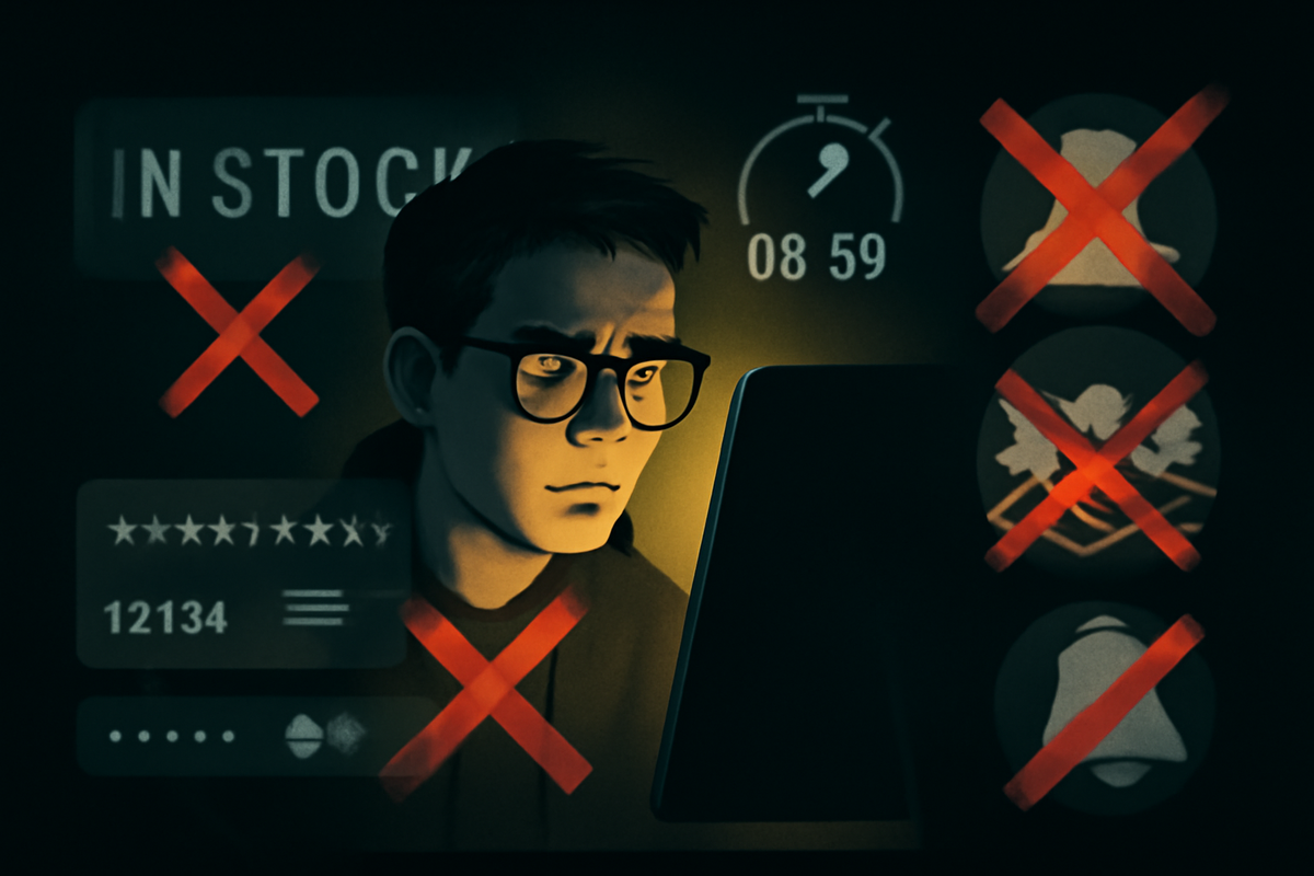 Stressed gamer lit by a harsh monitor glow, surrounded by ghosted “in stock” text, countdown timer, and icons slashed with red Xs—painful portrait of Switch2 purchase failure from missed alerts, bad habits, and fatal last-minute hesitation