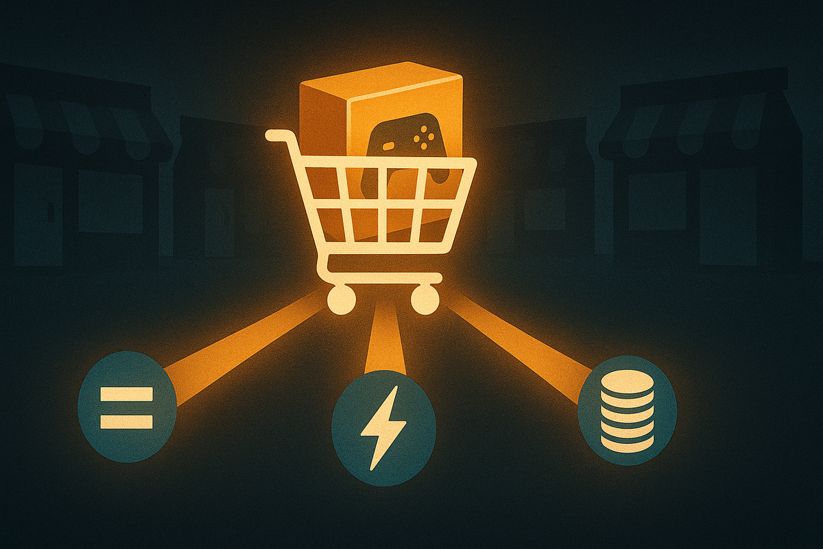 Shining shopping cart carrying a console box, three golden beams pointing to icons for fairness, lightning-fast drops, and stacked coins—Rakuten Books as the strongest, most rewarding route to grab a Switch2