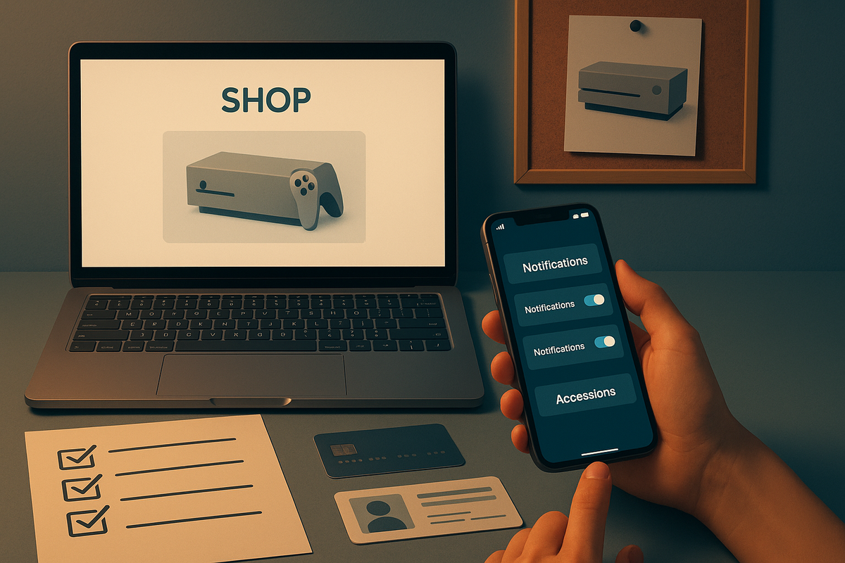 Laptop open to a generic console shop page while hands toggle notifications ON on a smartphone, checklist, credit card, and ID neatly laid out—calm pre-battle ritual to prepare every detail before the sudden Switch2 restock
