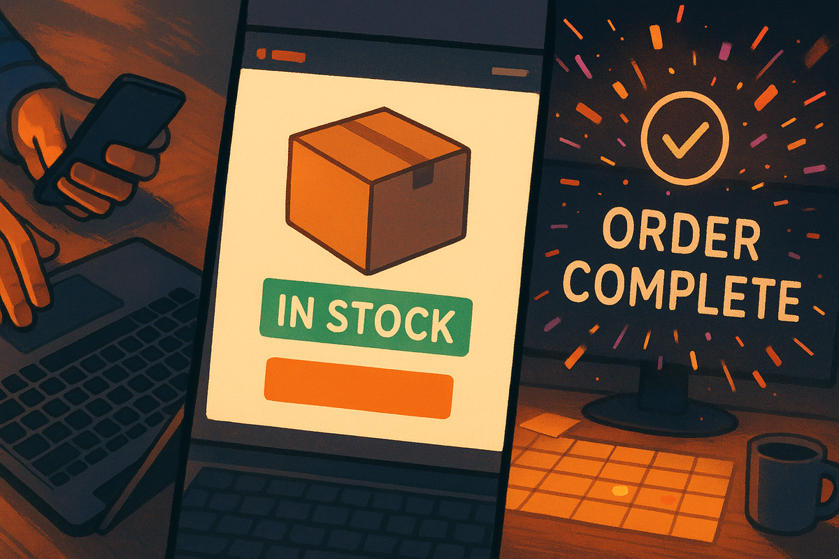 Split-screen story: frantic hands juggling phone and laptop, center screen flashing “IN STOCK” with a parcel icon, right monitor bursting with “ORDER COMPLETE” fireworks—the emotional rush from spotting a Switch2 restock to locking in the win