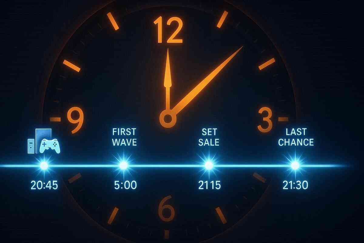 Huge glowing clock face with a bright blue timeline running from 20:45 standby to FIRST WAVE, SET SALE, and LAST CHANCE at 21:30—cinematic “golden schedule” for timing your moves in a high-stakes Switch2 flash sale