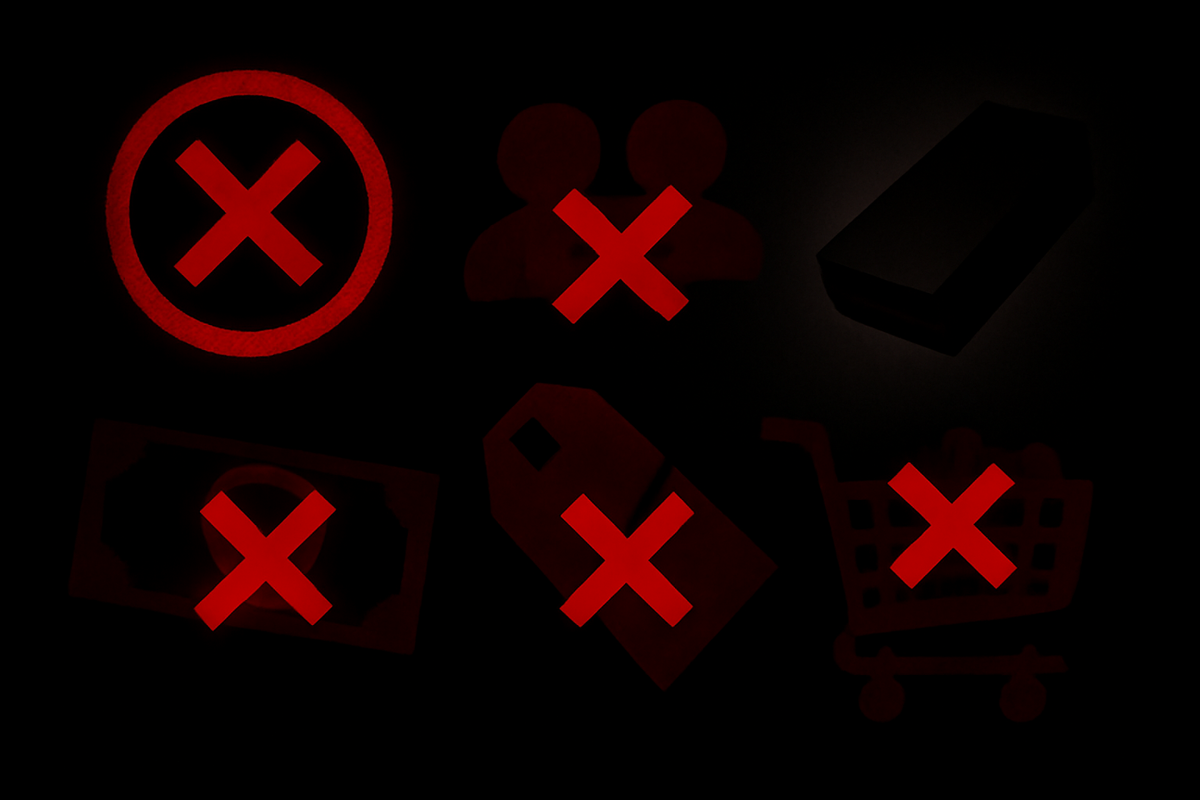 Ominous black screen covered in harsh red X marks over icons for cancel, multiple users, cash payment, discount tag, and shopping cart—dark warning against instant-ban mistakes and fatal NG actions when buying a scarce Switch2