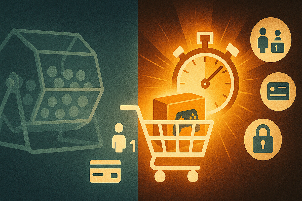 Split-screen illustration: faded lottery drum on one side vs blazing shopping cart with Switch2 box, stopwatch burst, “one person one unit” silhouette, credit-card and lock icons—dramatic shift from random抽選 to fast, rule-heavy guerrilla sale  