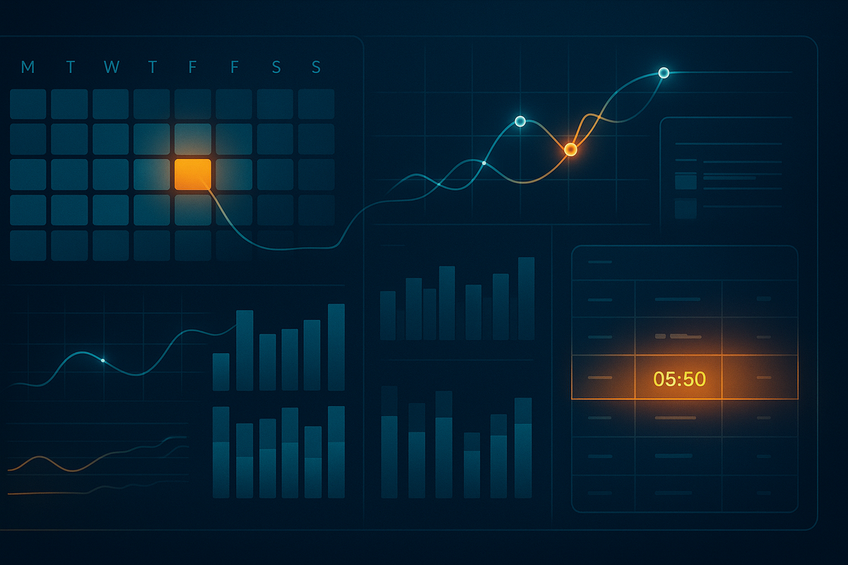 Futuristic analytics dashboard at night—weekly calendar cell lighting up, flowing stock-curve lines, stacked bar charts, and a glowing 05:50 time block—cold data-driven breakdown of Switch2 restock patterns and golden purchase windows  