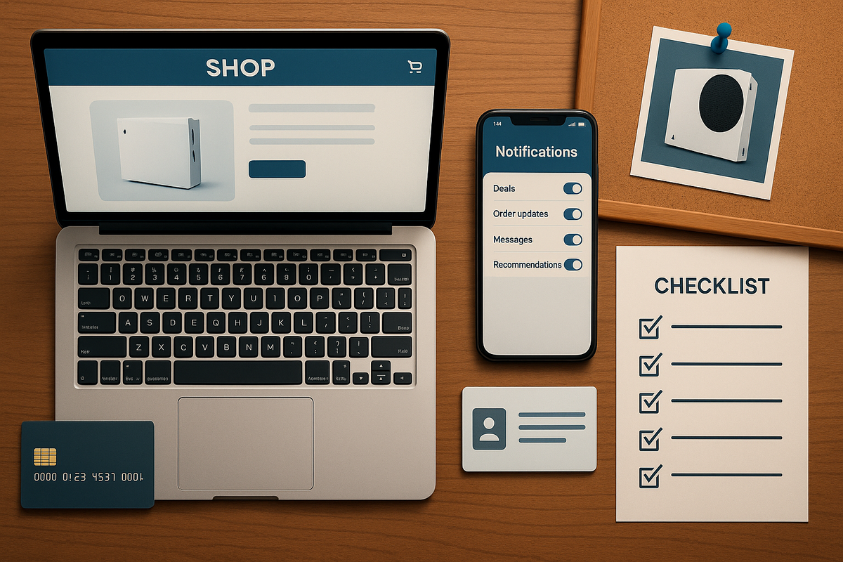 Neat flat-lay on wooden desk: laptop with console shop page open, smartphone notification toggles, checklist sheet almost fully ticked, credit card and ID lined up—calm, methodical pre-battle setup for conquering Rakuten Switch2 guerrilla sales  