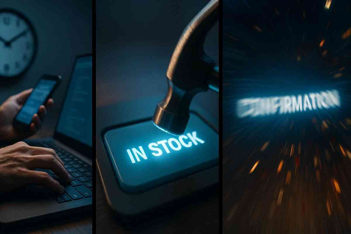 Cinematic triptych: hands juggling phone and laptop under a ticking clock, giant “IN STOCK” button smashed with a hammer, then blurred “CONFIRMATION” streaking toward the viewer—adrenaline-soaked moment from alert to victorious Switch2 order  