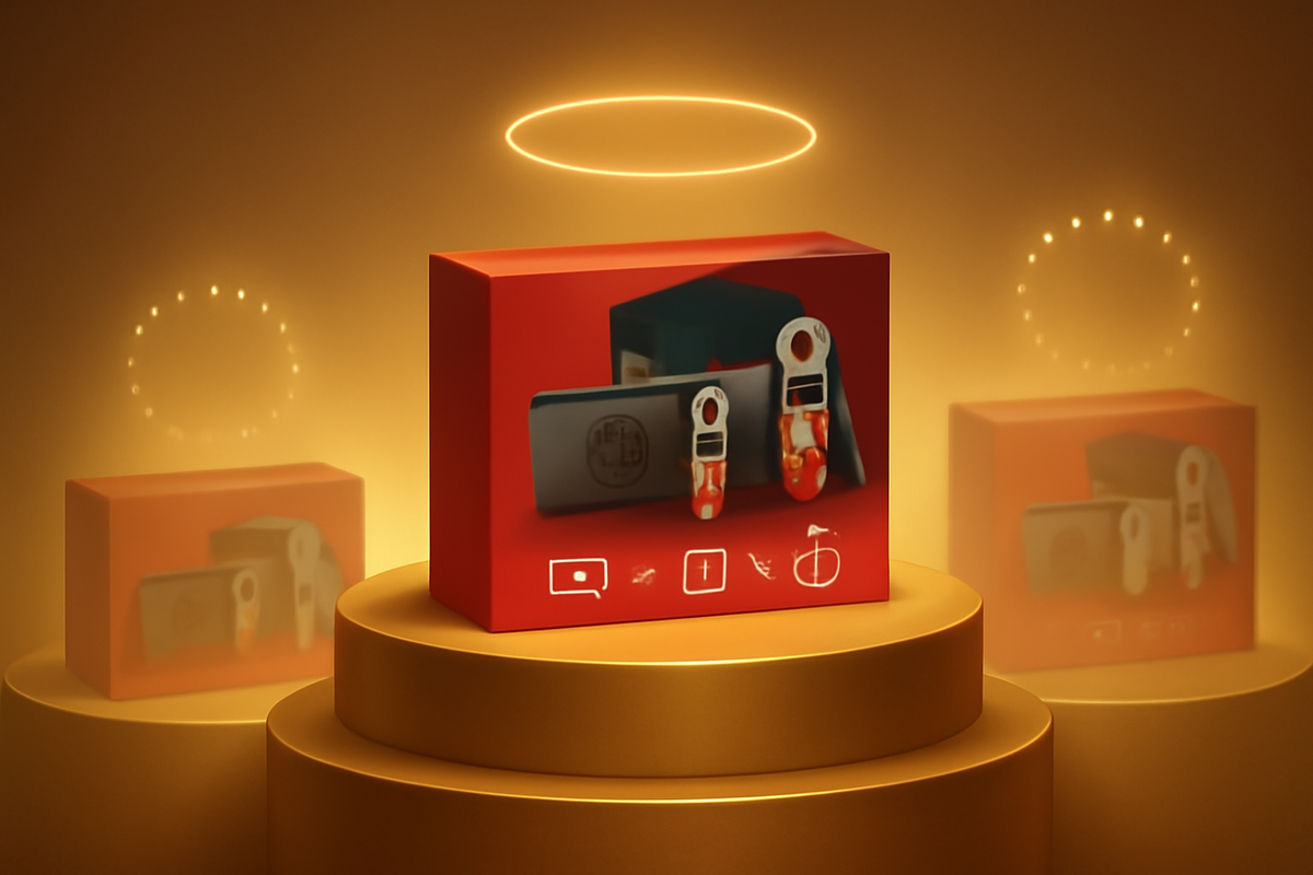 Golden podium in a glowing halo spotlight, premium red console bundle box standing center-stage with softer bundles fading in the back—sacred limited-edition Switch2 set framed as the ultimate prize for those who beat the guerrilla sale  
