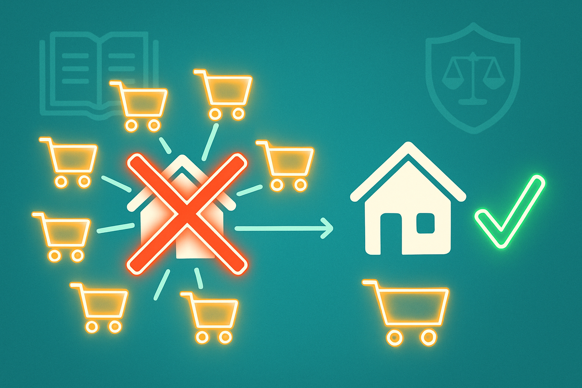 Teal rule-explainer graphic—one glowing house buried in shopping carts with a huge red X, arrow leading to a different house with a green checkmark—clear visual of same-address ban vs safe separate address, protective anti-scalper energy