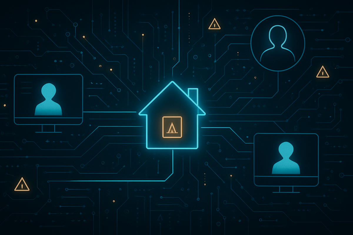Futuristic circuit-board network with a central neon house icon linked to multiple user profiles and warning triangles—Rakuten system quietly matching names, cards, and addresses to flag risky multiple Switch2 orders, tense surveillance mood