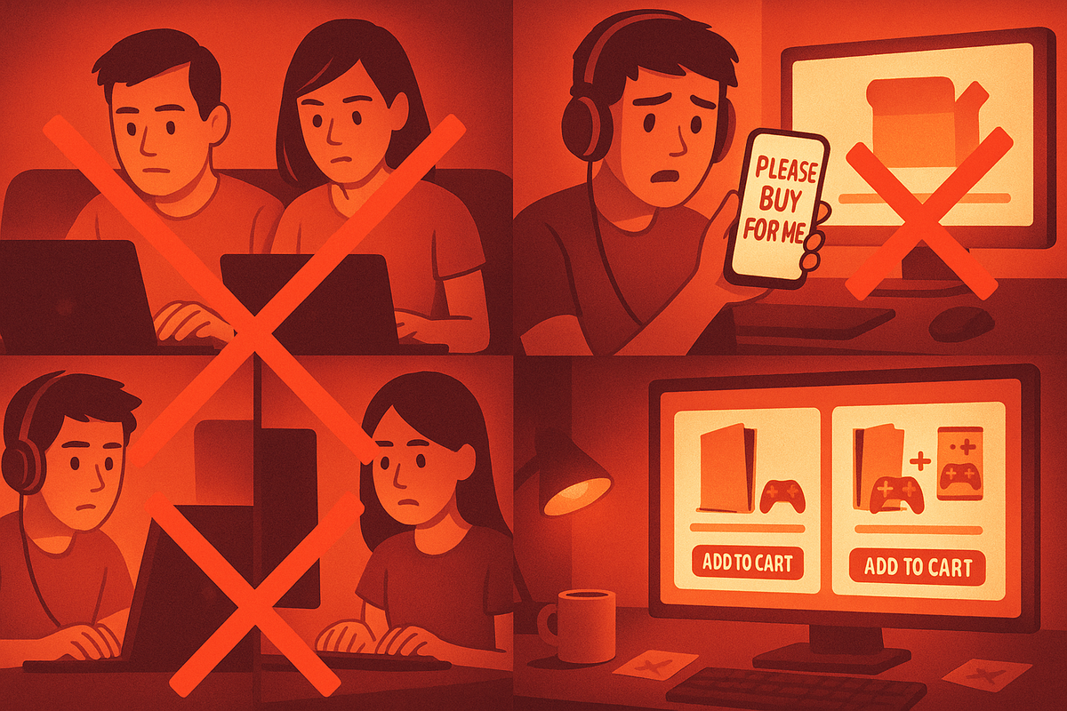 Four-panel red comic of worried roommates and friends on laptops and phones, huge X marks over “please buy for me” requests and multiple carts—emotional NG pattern collection showing how family proxy purchases trigger brutal cancellation