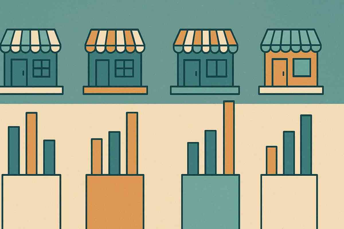 Row of cute storefront icons above bar charts—side-by-side comparison of retailers’ same-address rules and stock strictness, calm analytical mood that invites readers to find the safest place to buy a rare game console