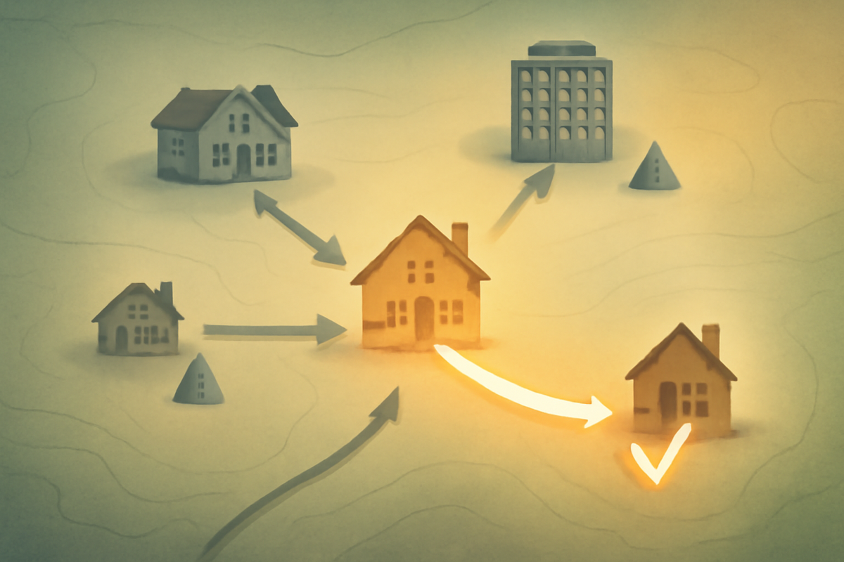 Soft map-style illustration, central family home sending arrows toward several other houses, one glowing path ending at a new address with a bright checkmark—hopeful, legal strategy for buying a second Switch2 by changing the delivery destination