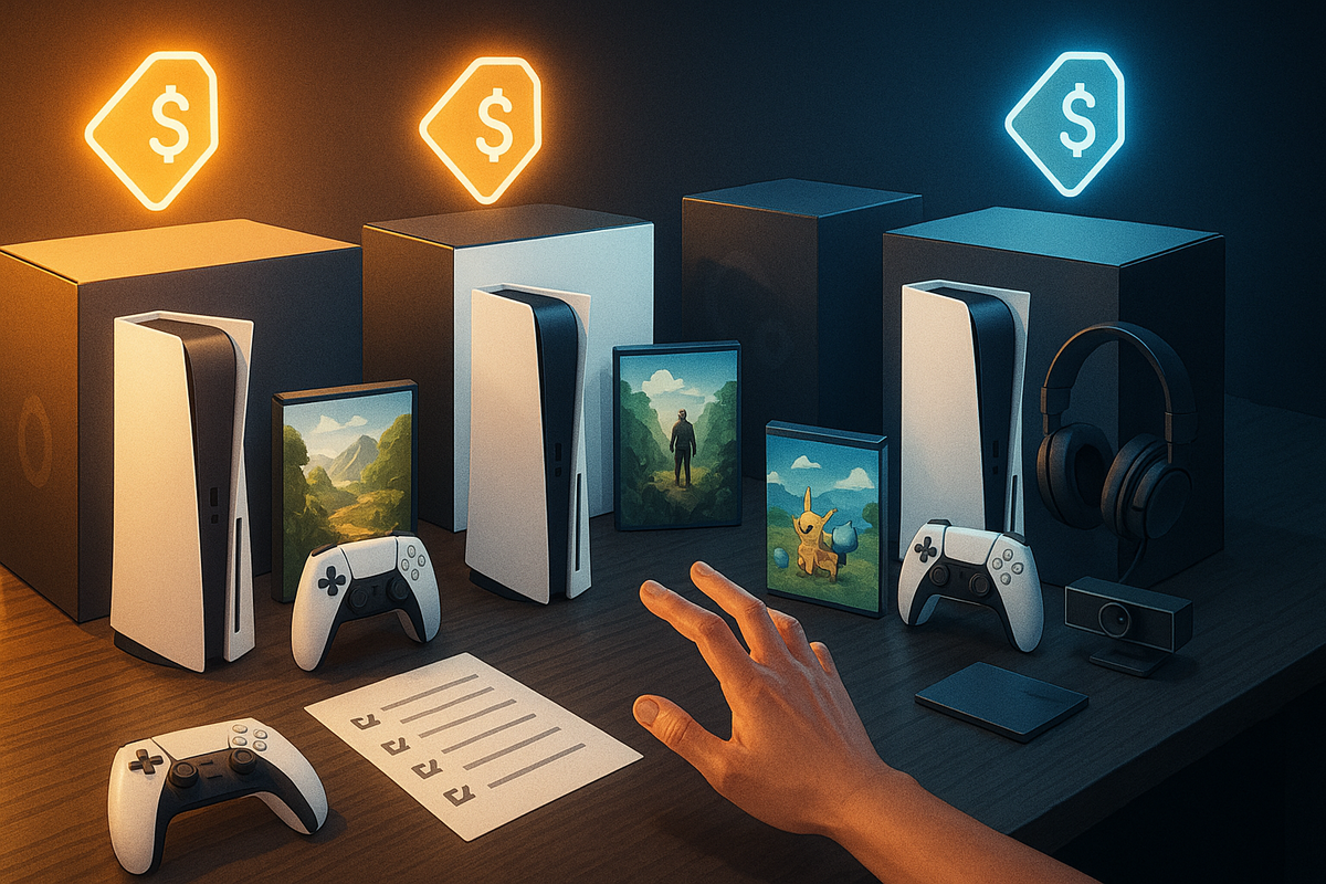 Sleek next-gen consoles, controllers, and game boxes lined up on a wooden table under glowing price icons, buyer’s hand hesitating between bundles, warm vs cool light, emotional side-by-side comparison of deal value