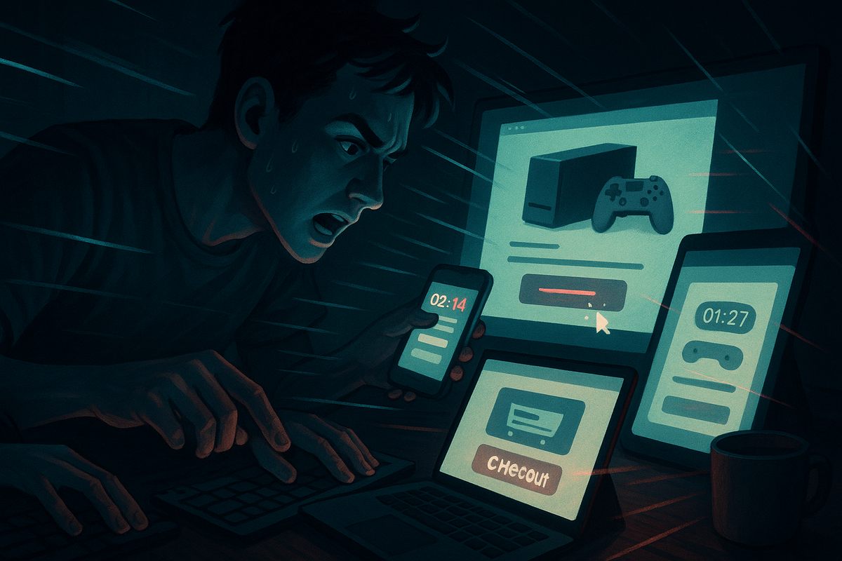Sweating gamer in a dark room frantically typing while holding a phone, surrounded by glowing monitors and tablets with countdown timers and checkout bars, storm-like speed lines, desperate last-second online purchase energy