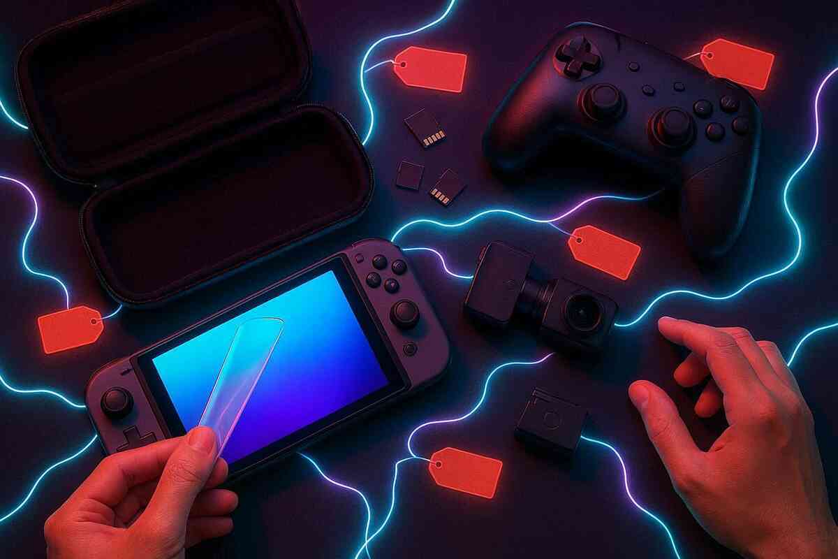 Handheld gaming console on a dark desk with a screen protector being placed, open carrying case, pro-style controller, camera add-on, tiny memory cards and neon price tags connected by glowing lines, exciting accessory-upgrade moment