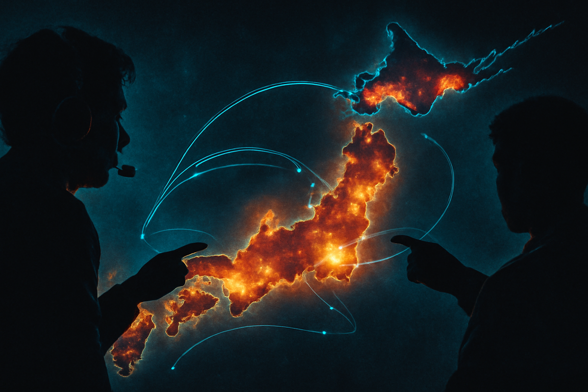 Silhouetted figures pointing at a fiery glowing map of Japan floating in the dark, bright connection lines jumping between cities, tense strategic mood, nationwide hunt vibes for the next big console restock wave