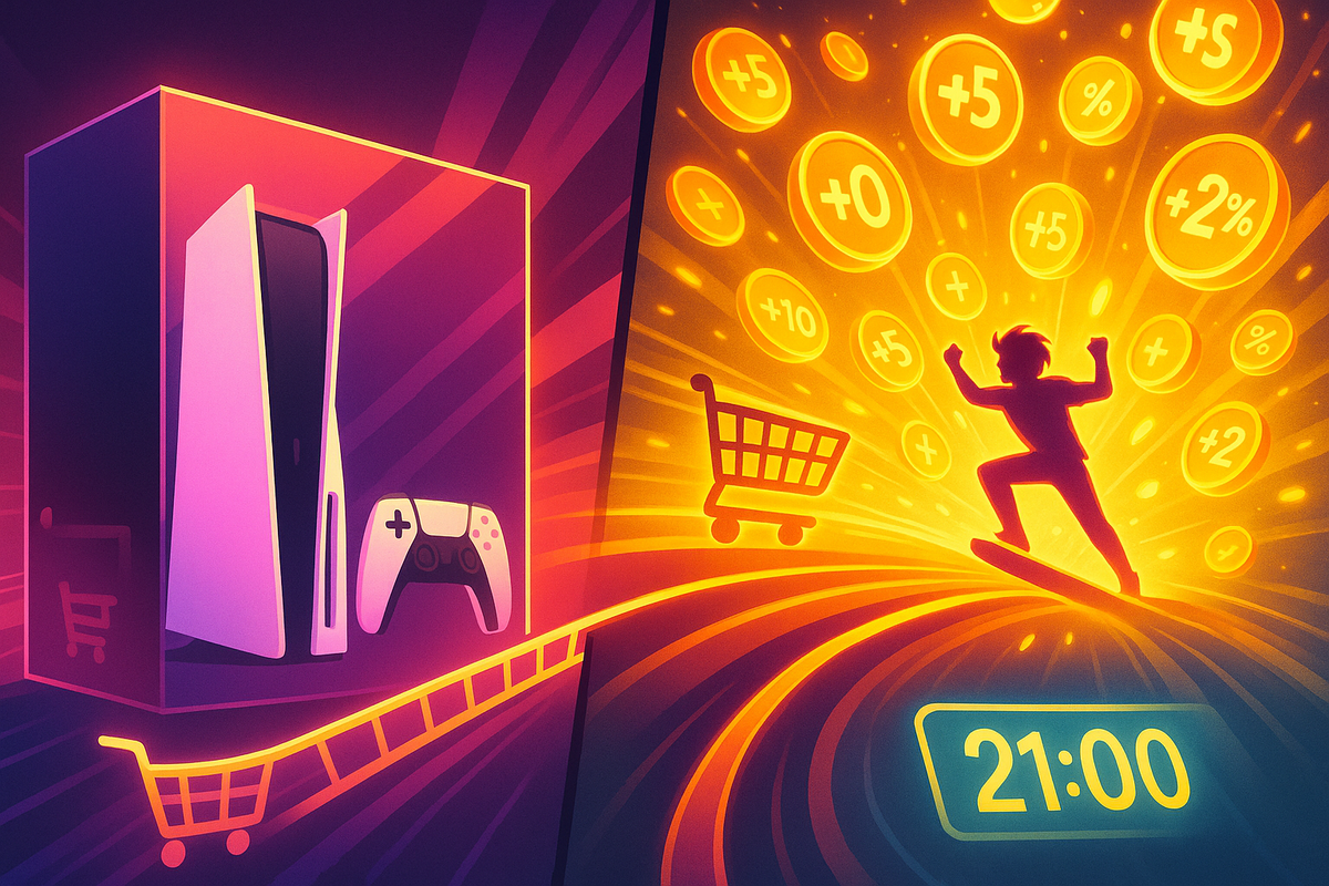 Vibrant split-screen of a next-gen console box and a golden storm of point coins, shopping carts, and a rider surfing toward a glowing 21:00—joyful visual of stacking bonuses during a late-night Switch 2 deal, bursting with winning energy