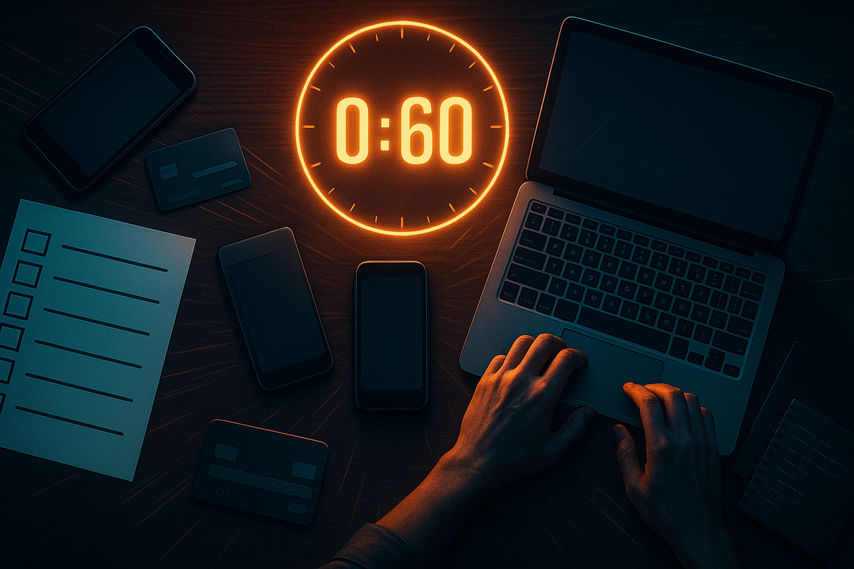 Top-down view of a battle desk: checklist, multiple phones, credit cards, and laptop under a blazing 60-second timer—heart-pounding last-minute preparation to grab a rare Switch 2 drop before it disappears