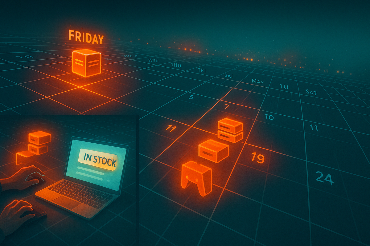Futuristic calendar grid with fiery Fridays marked by console and controller icons, inset laptop flashing “IN STOCK”—dreamy yet analytical prediction of upcoming Switch 2 restock waves, guiding hopeful buyers to their next chance