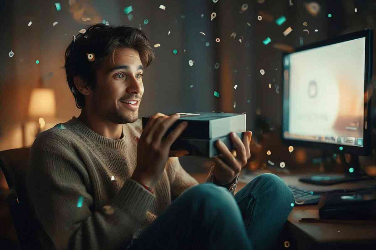 Young man at a cozy desk hugging a delivery box in front of his monitor, confetti floating in warm light—pure unboxing bliss after finally securing a long-awaited Switch 2 for the holidays, glowing with gratitude and excitement