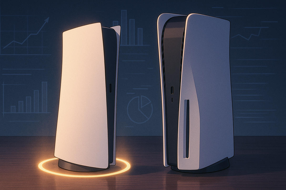 Side-by-side next-gen consoles—slim digital-only tower glowing on a halo vs taller disc model—background charts rising upward, calm yet exciting money-saving comparison for gamers choosing the smarter upgrade