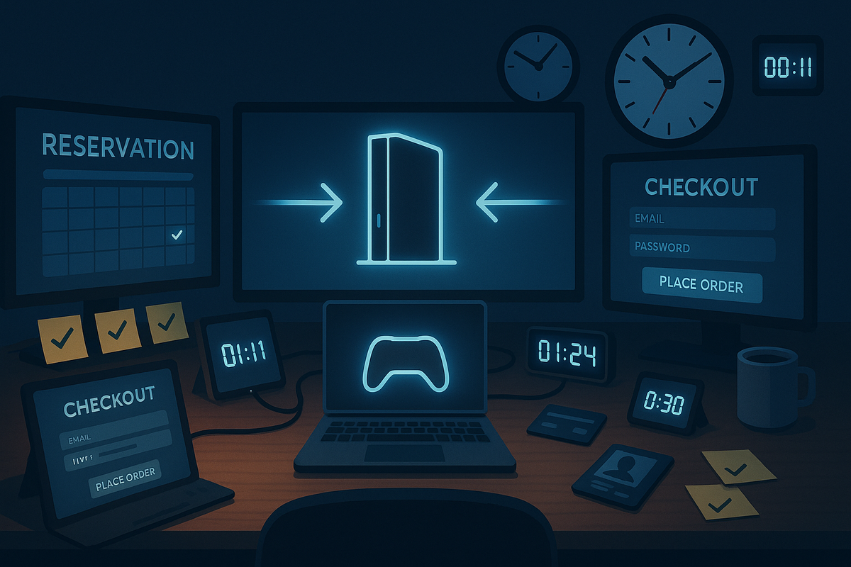 Nighttime “reservation war room” desk surrounded by monitors showing console icons, reservation calendar, checkout forms, and ticking clocks—intense control-center vibe for serious gamers preparing every second for preorder success