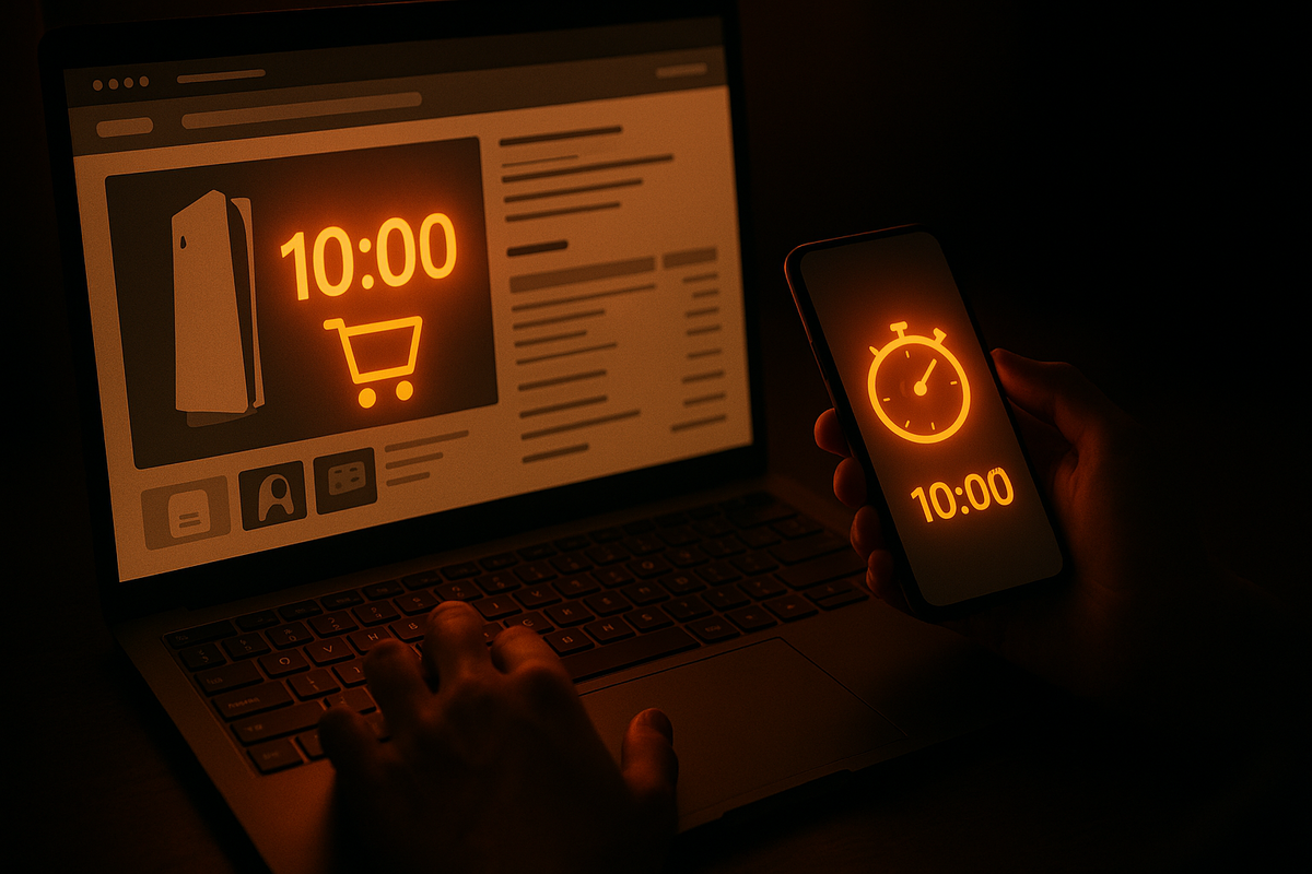 Laptop preorder page and smartphone both blazing “10:00” in neon orange—tense late-night countdown to PS5 reservation opening, sweaty palms, do-or-die shopping-cart energy