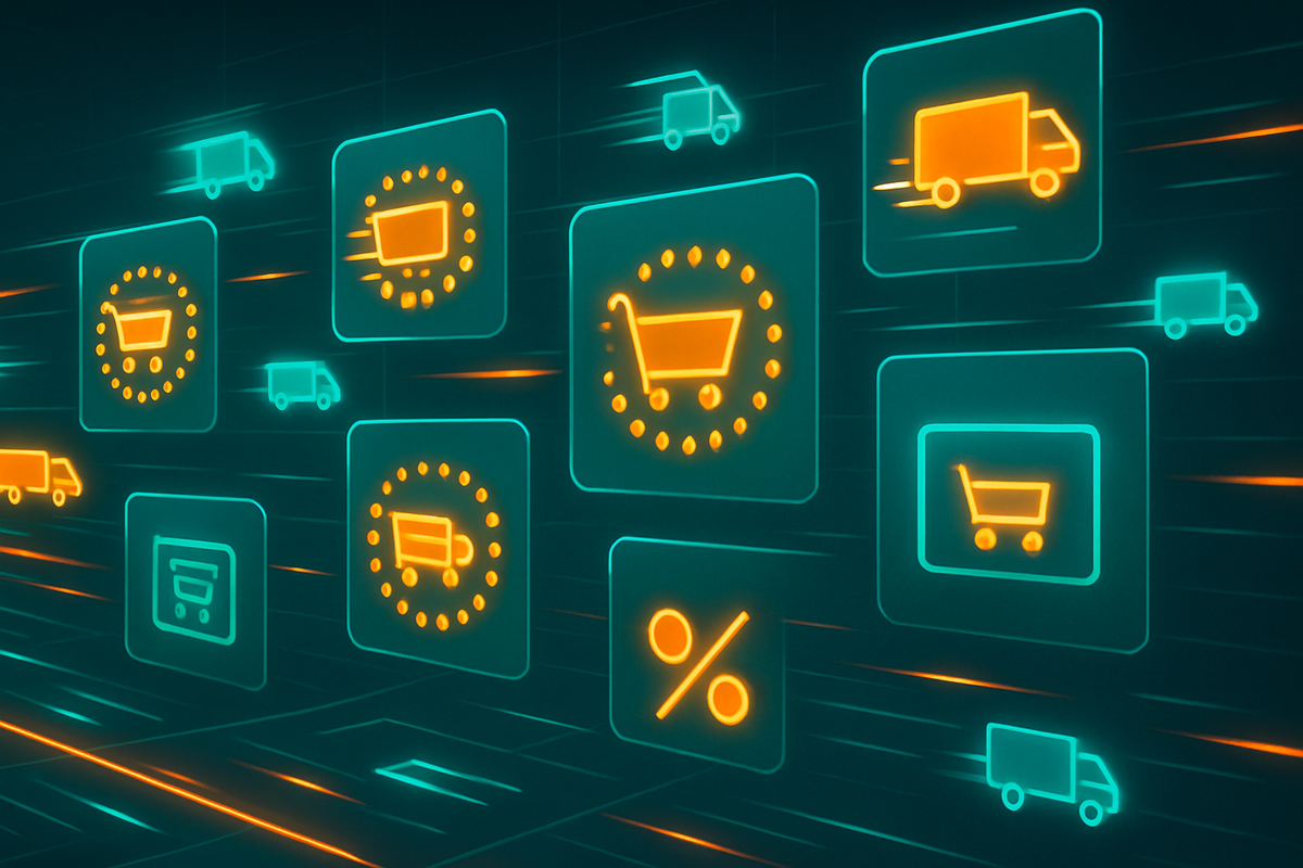 Futuristic teal grid filled with glowing shopping-cart, delivery-truck, and percent icons rushing forward—high-speed race between online stores to ship the new console fastest, electrifying ecommerce traffic
