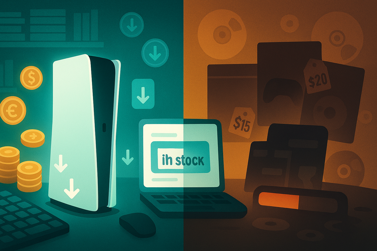 Split-tone scene: on the left a bright digital-only console, coins and download arrows falling like blessings, on the right shadowy discs and fading price tags—emotional battle between smart savings and old-school physical games