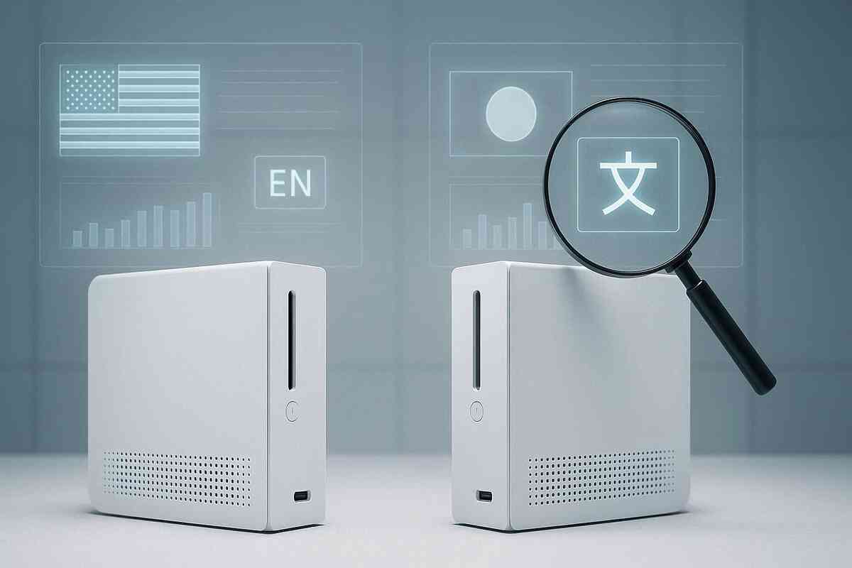 Two minimalist white consoles side by side with floating country flags and language charts, magnifying glass zooming in on a glowing Japanese character—clear visual of global vs Japanese-only models, careful buyer comparison mood