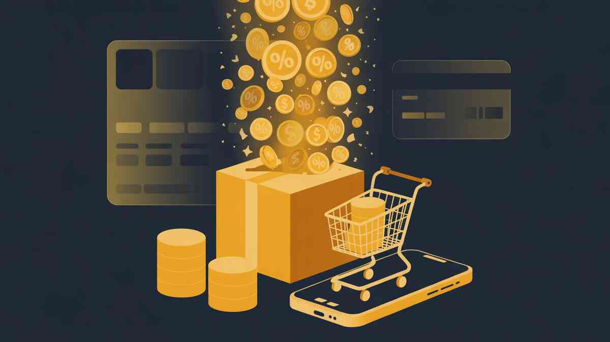 Golden storm of coins and percentage icons erupting from a parcel onto a smartphone, mini cart, and credit cards—PS5 purchase exploding with cashback, points, and secret deals, irresistibly rich discount atmosphere