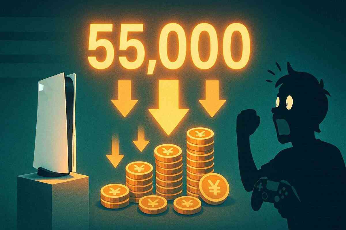 Silhouette gamer pumping fist at glowing “55,000” over falling yen coins and a slim white console—shockingly cheap PS5 digital Japan-only deal, explosive joy, once-in-a-generation price drop energy