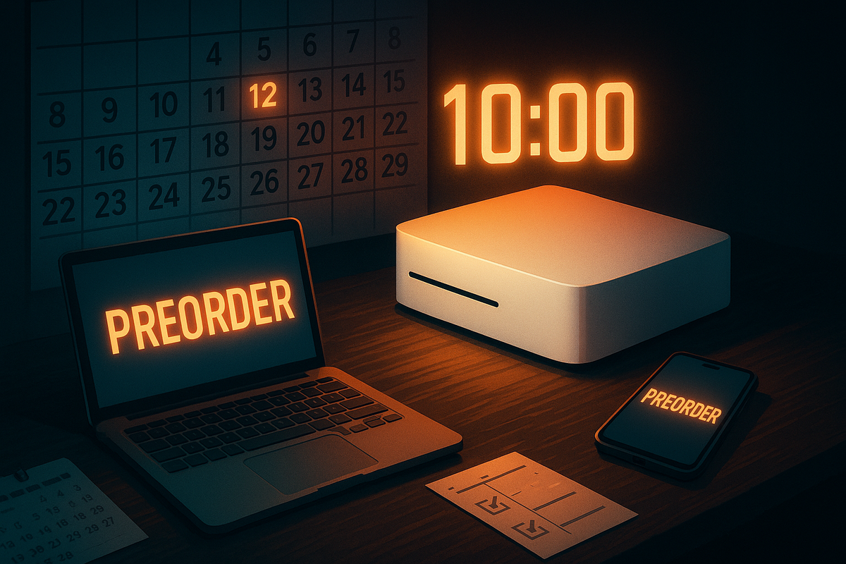 Dark room with calendar date lit up and giant 10:00 digits above a console, laptop and phone screens screaming PREORDER—tense countdown to PS5 reservation start, heartbeat deadline, do-not-miss FOMO