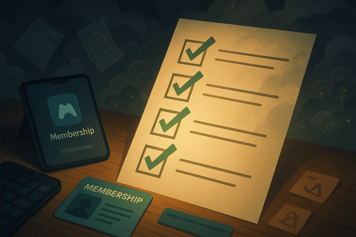 Warm spotlight on a big checklist filled with green checkmarks beside generic membership cards and an app screen—everything ready for lottery entry, quiet relief, methodical prep to secure your PS5