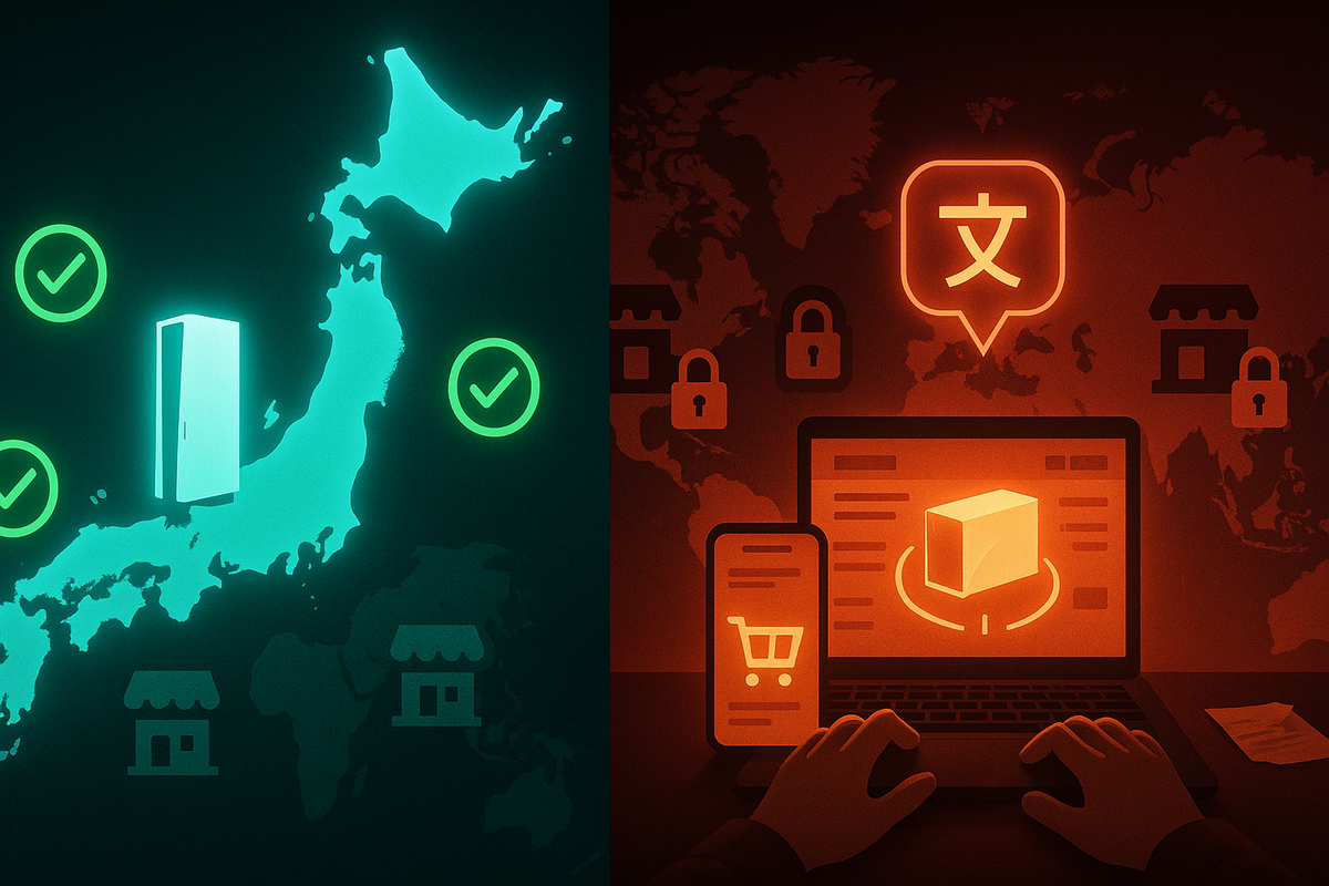 Split scene: bright Japan map with a console and green checkmarks on one side, dark world map with padlocks and a glowing Japanese language icon above shopping screens on the other—PS5 Japan-only model freedom at home, strict region-lock walls abroad
