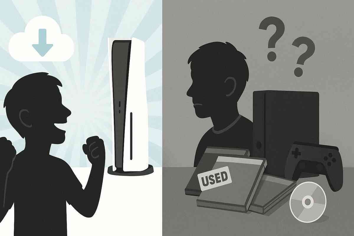 Two-tone comparison: excited player silhouette under a download cloud facing a sleek digital console, contrasted with a grey figure brooding over used discs and an old box—pure digital future vs secondhand disc past, emotional tug-of-war over how to play
