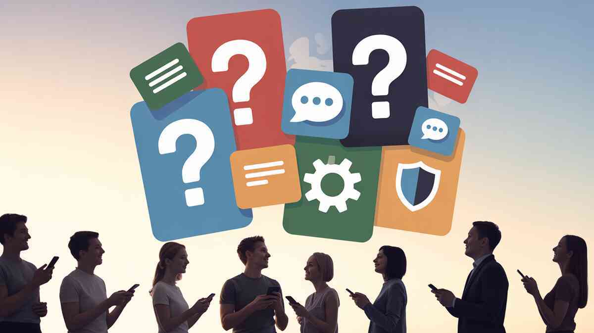 Silhouetted people looking at their phones under floating colorful cards with huge question marks, chat bubbles, settings and shield icons—crowd of LINE users sharing doubts, FAQs, and relief about safe read-receipt hacks  
