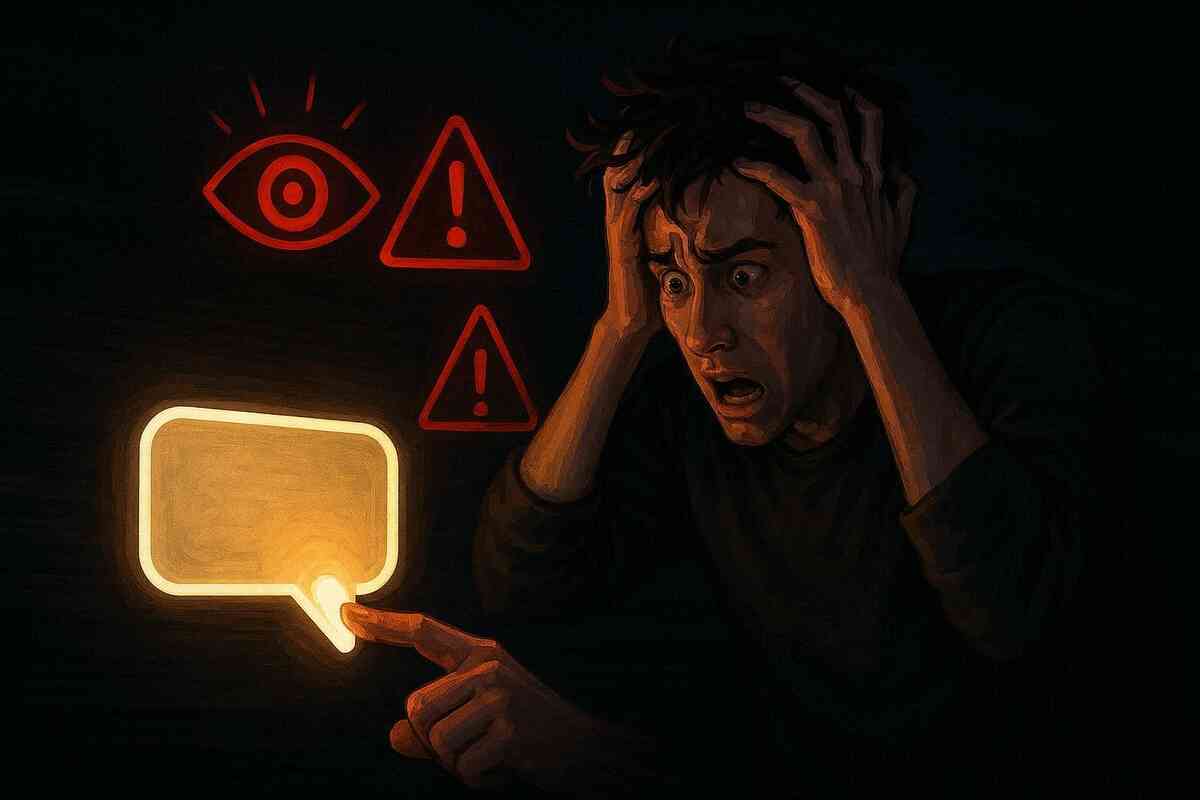 Panicked man in the dark accidentally tapping a glowing chat bubble, red warning triangles and wide-open eye icon behind him—nightmare moment of unintentionally sending a LINE read receipt  