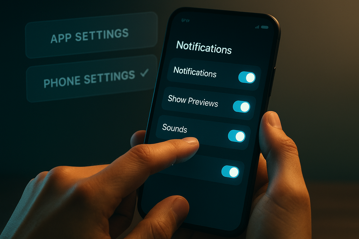 Close-up hands adjusting notification toggles on a dark iPhone screen—turning previews on and off, quietly optimizing LINE alerts for peaceful, drama-free message checking  