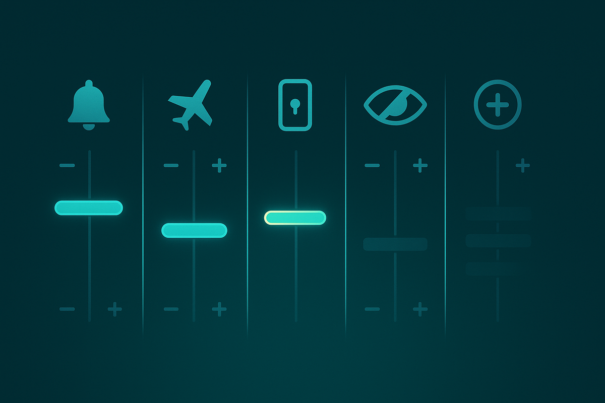Row of futuristic sliders with icons for bell, airplane mode, lock, hidden eye, and plus sign—fine-tuning iPhone and LINE settings to balance privacy, silence, and stress-free secret reading  