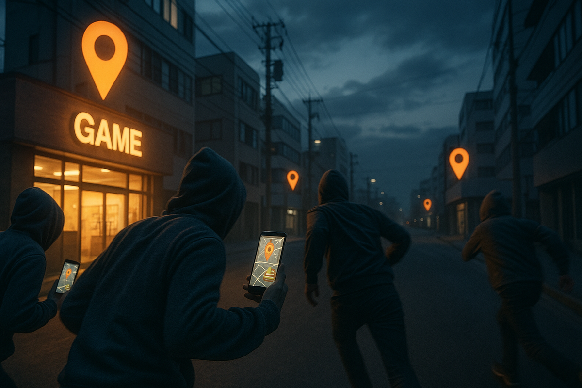 Hooded gamers sprinting through a dark Japanese backstreet toward a glowing GAME store, smartphones showing map pins and stock alerts—tense midnight console hunt in Tsukuba, urgent, cinematic, full of fear and hope