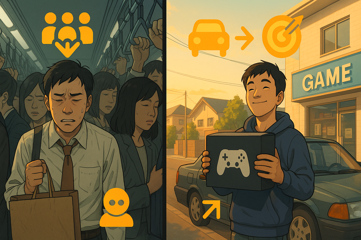 Split-screen contrast of a crushed salaryman in a packed commuter train on the left and a relaxed local boy smiling with a new game console outside a suburban GAME shop on the right—city exhaustion vs hometown victory, warm hopeful vibe
